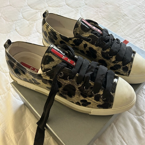 Prada Leopard Print Patent Sneakers with Ribbon Laces - Picture 6 of 14